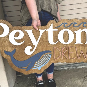 Whale name sign, name sign, large wood name sign, whale nursery name sign, above crib cut out, layered baby name sign, cut out sign