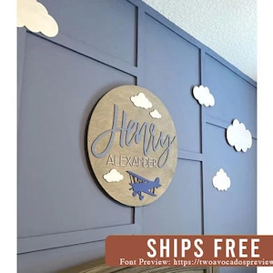 Airplane nursery name sign, round name sign, airplane nursery, boy name sign, boy nursery sign, custom airplane name sign airplane baby sign