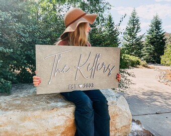 May include: A wooden sign with the text "The Kellers EST ♥ 2023" in white script font. A person is holding the sign in front of them.
