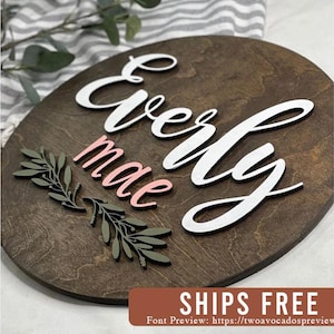 Nursery name sign, round name sign, above crib sign, greenery name sign, wood baby name sign, boy name, girl name sign, custom name sign
