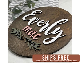 Nursery name sign, round name sign, above crib sign, greenery name sign, wood baby name sign, boy name, girl name sign, custom name sign