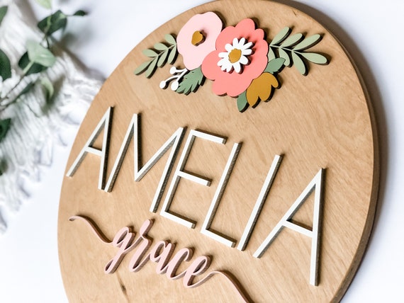 Nursery name sign with flowers // floral round name sign // 3d