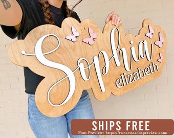 Butterfly name sign, large wood name sign, nursery name sign, rainbow baby nursery, above crib cut out, layered baby name sign, cut out sign