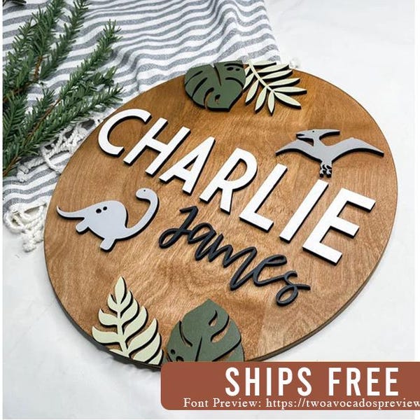 Arte de pared / Guardería de dinosaurios / Letrero redondo con nombre / Letrero con nombre de dinosaurio / Letrero con nombre de bebé / Nombre de guardería de niño / Letrero con nombre de niño