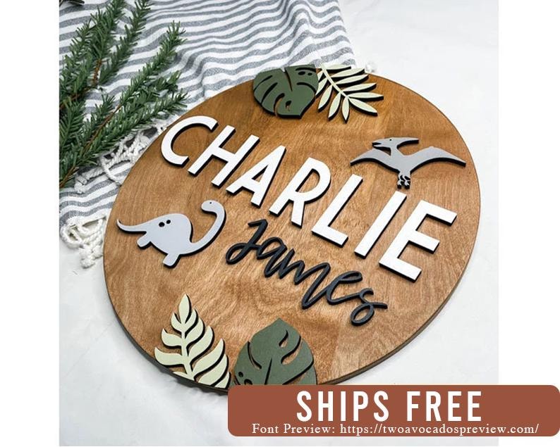 Wall Art | Dinosaur Nursery| round name sign | dinosaur name sign | baby name sign | boy nursery name | Boy name sign image 1