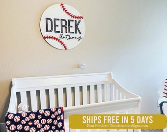 Baseball nursery name sign, round name sign, sports nursery, boy name sign, boy nursery sign, custom baseball name sign, baseball baby sign