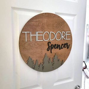 Op de afbeelding: Een rond houten bord met de namen "Theodore Spencer" in witte letters en een bos sc&egrave;ne met groene bomen aan de onderkant.