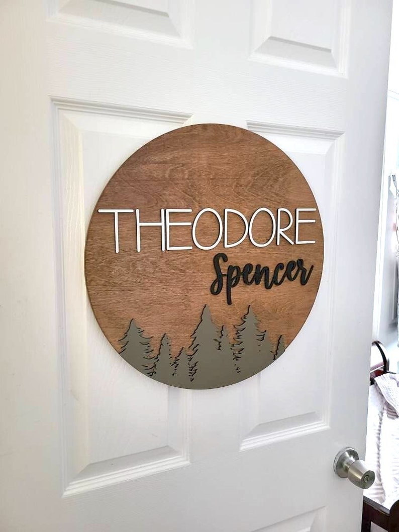 Op de afbeelding: Een rond houten bord met de namen "Theodore Spencer" in witte letters en een bos sc&egrave;ne met groene bomen aan de onderkant.