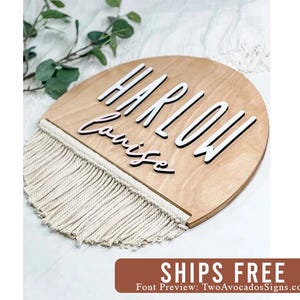 Nursery name sign, round name sign, macrame name sign, above crib sign, boho name sign, wood name sign, girl name sign, boho nursery