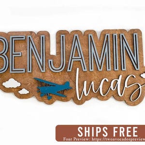 Airplane name sign, large wood name sign, nursery name sign, airplane nursery, above crib cut out, layered baby name sign, cut out sign