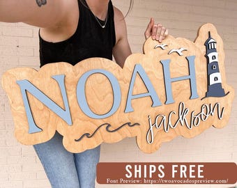 Nautical name sign, large wood name sign, nursery name sign, lighthouse nursery, above crib cut out, layered baby name sign, cut out sign