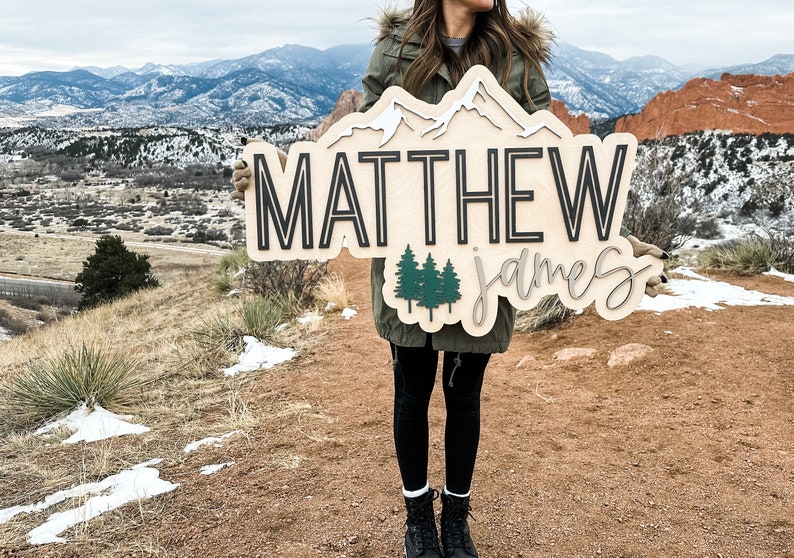 Mountains name sign, large wood name sign, nursery name sign, mountains nursery, above crib cut out, layered baby name sign, cut out sign image 6