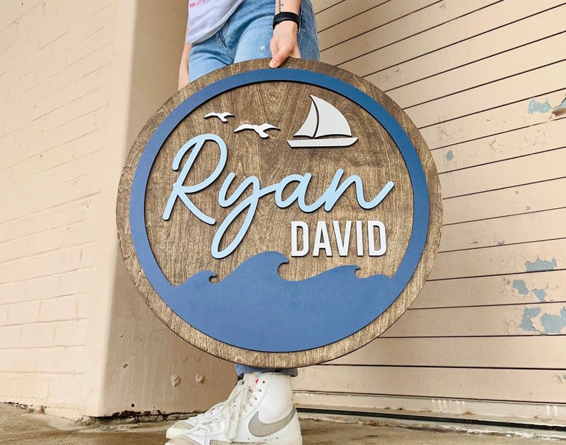 Nautical nursery name sign, woodland nursery, sailboat name sign, above crib baby name sign, boy name sign, boat nursery sign image 1