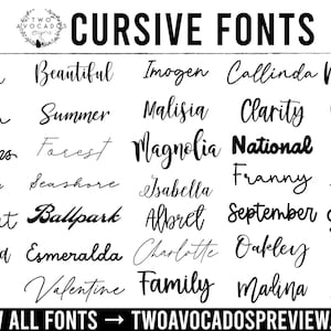 May include: A black and white chart titled CURSIVE FONTS displaying a grid of thirty different script font styles, each represented by a unique word. The top includes a logo with the text TWO AVOCADOS SIGNS, and the bottom includes the text VIEW ALL FONTS &rarr; TWOAVOCADOSPREVIEW.COM.