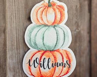 Personalized Stacked Pumpkin Door Hanger, Watercolor Family Name Fall Sign, Fall Door Hanger, Scalloped Front Door Decor, Front Door Sign