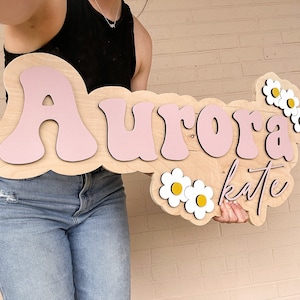 Flower name sign, large wood name sign, nursery name sign, daisy nursery, above crib cut out, layered baby name sign, daisy name sign
