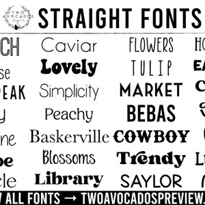 May include: A black and white font reference chart titled STRAIGHT FONTS featuring a grid of various typography styles including Ostrich, Caviar, Flowers, Honeybee, Sunrise, Lovely, Tulip, Eastern, Pikes Peak, Simplicity, Market, Create, Jolly, Peachy, Bebas, Grace, Sunshine, Baskerville, Cowboy, Carlee, Khloe, Blossoms, Trendy, Lumber, Article, Library, Saylor, and Magic.