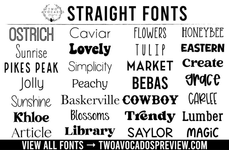 May include: A black and white font reference chart titled STRAIGHT FONTS featuring a grid of various typography styles including Ostrich, Caviar, Flowers, Honeybee, Sunrise, Lovely, Tulip, Eastern, Pikes Peak, Simplicity, Market, Create, Jolly, Peachy, Bebas, Grace, Sunshine, Baskerville, Cowboy, Carlee, Khloe, Blossoms, Trendy, Lumber, Article, Library, Saylor, and Magic.