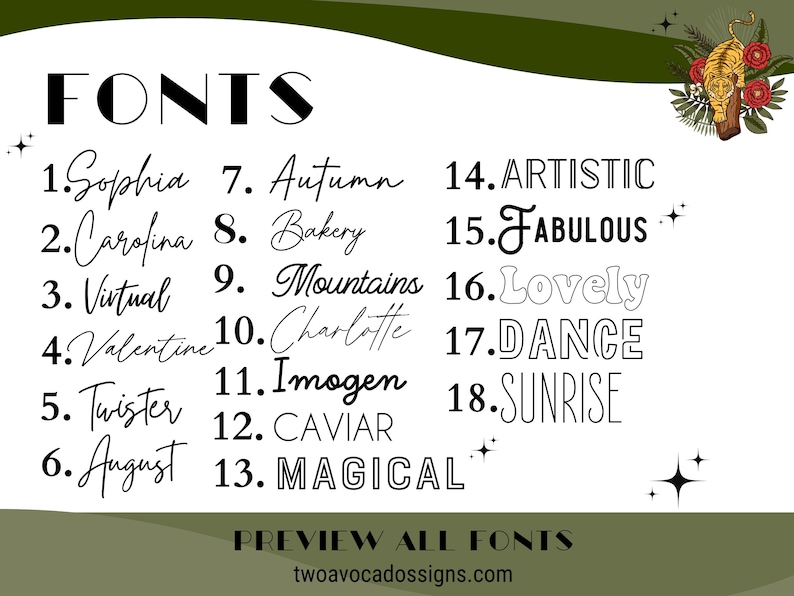K&ouml;nnte beinhalten: Eine Liste von 18 verschiedenen Schriftarten, die in einem wei&szlig;en Rechteck mit gr&uuml;nem Rand angezeigt werden. Die Schriftarten sind von 1 bis 18 nummeriert und beinhalten Namen wie Sophia, Autumn, Artistic, Fabulous, Lovely, Dance und Sunrise. Der Text "FONTS" wird oben im Rechteck in fetter, schwarzer Schrift angezeigt. Der Text "PREVIEW ALL FONTS" wird unterhalb der Schriftartenliste in fetter, schwarzer Schrift angezeigt. Der Text "twoavocadossigns.com" wird unterhalb des Textes "PREVIEW ALL FONTS" in normaler, schwarzer Schrift angezeigt.