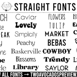 May include: A black and white font reference chart titled STRAIGHT FONTS featuring a grid of various typography styles including Ostrich, Caviar, Flowers, Honeybee, Sunrise, Lovely, Tulip, Eastern, Pikes Peak, Simplicity, Market, Create, Jolly, Peachy, Bebas, Grace, Sunshine, Baskerville, Cowboy, Carlee, Khloe, Blossoms, Trendy, Lumber, Article, Library, Saylor, and Magic.