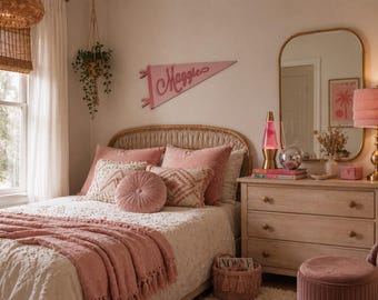 Personalized Name Pennant, Girl Room Decor, Custom Name Flag, Pink Bedroom Decor, Coquette Room Decor, Preppy Wall Decor, Personalized Sign