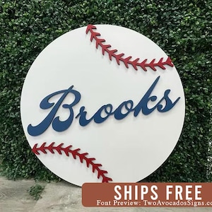 Baseball nursery name sign, round name sign, sports nursery, boy name sign, boy nursery sign, custom baseball name sign, baseball baby sign
