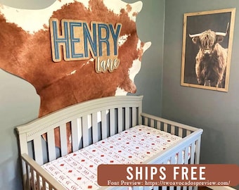 Western boy name sign, large wood name sign, nursery name sign, western nursery, above crib cut out, layered baby name sign, cut out sign