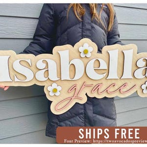 Flower name sign, large wood name sign, nursery name sign, flower nursery, above crib cut out, layered baby name sign, daisy name sign