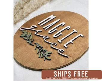 Nursery name sign, round name sign, above crib name sign, girl name sign, greenery nursery sign, wood baby name sign, greenery nursery sign