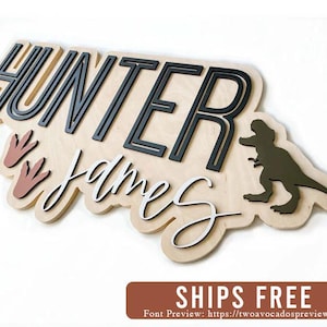 Dinosaur name sign, large wood name sign, nursery name sign, dinosaur nursery, above crib cut out, layered baby name sign, cut out sign