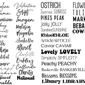 May include: A collection of various text designs in different fonts, including script, serif, and bold styles. The words include "Carolina", "Flowers", "Cowboy", and "Lovely" in black font on a white background.