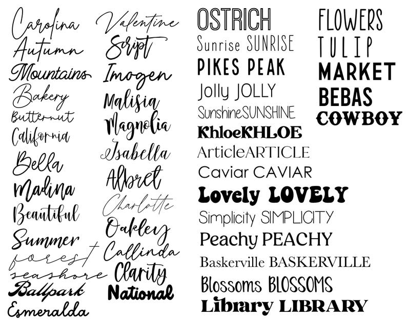 May include: A collection of various text designs in different fonts, including script, serif, and bold styles. The words include "Carolina", "Flowers", "Cowboy", and "Lovely" in black font on a white background.