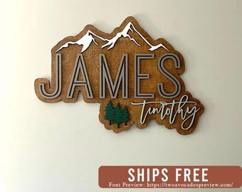 Mountains name sign, large wood name sign, nursery name sign, mountains nursery, above crib cut out, layered baby name sign, cut out sign