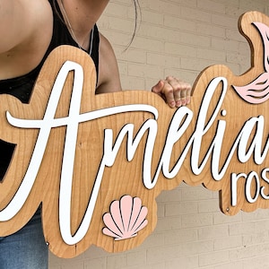 Mermaid name sign, large wood name sign, nursery name sign, mermaid nursery, above crib cut out, layered baby name sign, seashell name sign