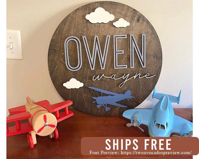 Airplane nursery name sign, round name sign, airplane nursery, boy name sign, boy nursery sign, custom airplane name sign airplane baby sign
