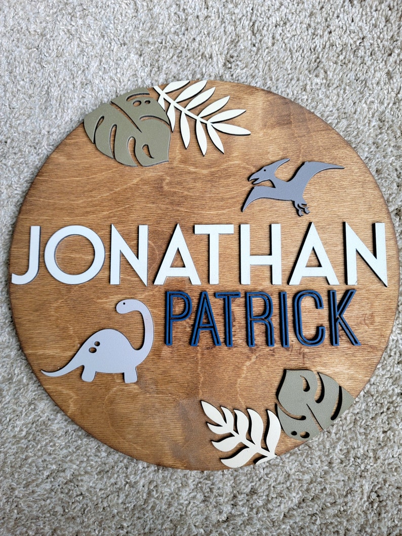 Wall Art | Dinosaur Nursery| round name sign | dinosaur name sign | baby name sign | boy nursery name | Boy name sign image 10