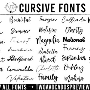 May include: A black and white chart titled CURSIVE FONTS displaying a grid of thirty different script font styles, each represented by a unique word. The top includes a logo with the text TWO AVOCADOS SIGNS, and the bottom includes the text VIEW ALL FONTS &rarr; TWOAVOCADOSPREVIEW.COM.