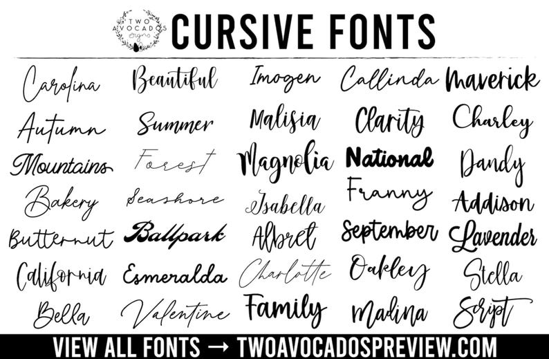 May include: A black and white chart titled CURSIVE FONTS displaying a grid of thirty different script font styles, each represented by a unique word. The top includes a logo with the text TWO AVOCADOS SIGNS, and the bottom includes the text VIEW ALL FONTS &rarr; TWOAVOCADOSPREVIEW.COM.