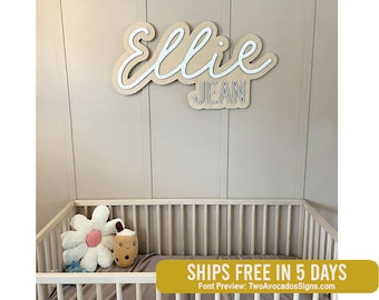 Large wood name sign, nursery name sign, boho nursery sign , above crib cut out, layered baby name sign, double baby name sign, cut out sign