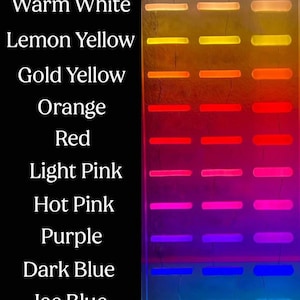 K&ouml;nnte beinhalten: Eine Tabelle, die verschiedene Farben von LED-Leuchten in drei Gr&ouml;&szlig;en zeigt: 6 mm, 8 mm und 12 mm. Die Farben umfassen kaltwei&szlig;, warmwei&szlig;, Zitronengelb, Goldgelb, Orange, Rot, Hellrosa, Pink, Lila, Dunkelblau, Eisblau und Gr&uuml;n.