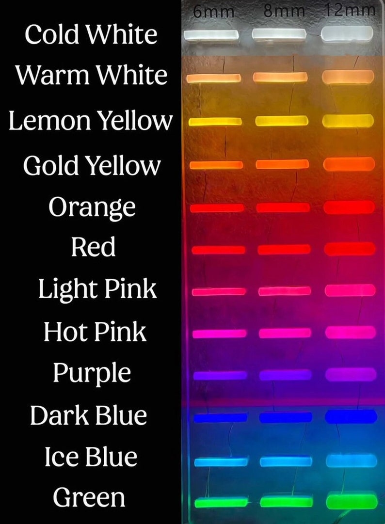 K&ouml;nnte beinhalten: Eine Tabelle, die verschiedene Farben von LED-Leuchten in drei Gr&ouml;&szlig;en zeigt: 6 mm, 8 mm und 12 mm. Die Farben umfassen kaltwei&szlig;, warmwei&szlig;, Zitronengelb, Goldgelb, Orange, Rot, Hellrosa, Pink, Lila, Dunkelblau, Eisblau und Gr&uuml;n.