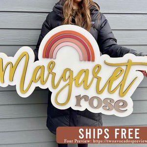 Rainbow name sign, large wood name sign, nursery name sign, rainbow nursery, rainbow baby, above crib sign, layered name sign, cut out sign