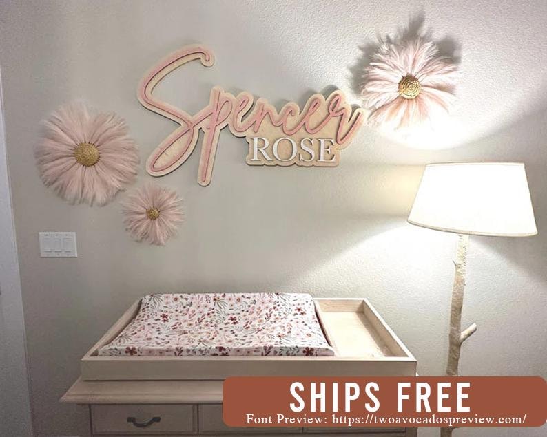 Large wood name sign, nursery name sign, boho nursery sign , above crib cut out, layered baby name sign, double baby name sign, cut out sign image 1