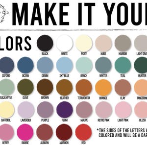 May include: A color chart titled MAKE IT YOURS by TWO AVOCADOS SIGNS, displaying forty-two circular color swatches with labels including black, white, ivory, navy, sage, orange, and red. A note states the sides of the letters will be dark.