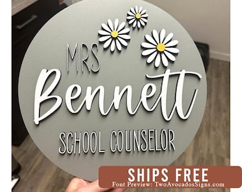 Teacher name sign, teacher appreciation gift, round teacher sign, door hanger, teacher door sign, classroom door sign, teacher Christmas
