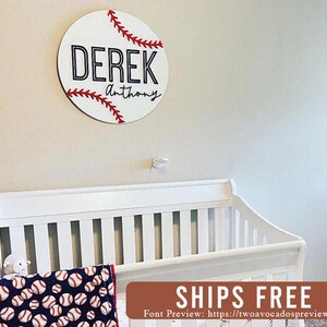 Baseball nursery name sign, round name sign, sports nursery, boy name sign, boy nursery sign, custom baseball name sign, baseball baby sign
