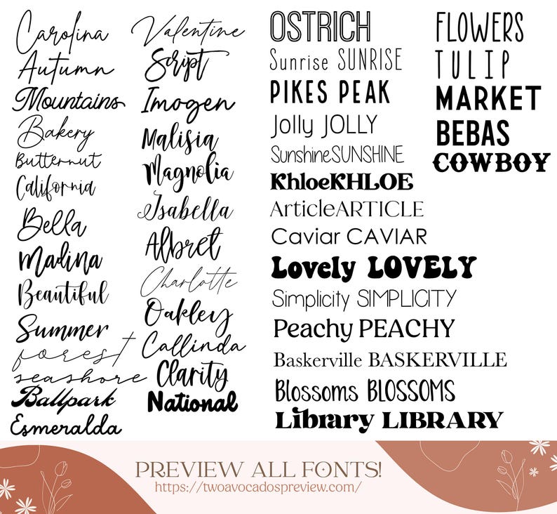 Puede incluir: Una imagen gr&aacute;fica que muestra una variedad de fuentes, incluyendo "Carolina", "Valentine Script", "Ostrich", "Flowers", "Mountains", "Imogen", "Pikes Peak", "Market", "Bakery", "Malisia", "Jolly Jolly", "Bebas", "Butternut", "Magnolia", "Sunshine Sunshine", "Cowboy", "California", "Isabella", "Khloe Khloe", "Article Article", "Bella", "Albret", "Caviar Caviar", "Malina", "Charlotte", "Lovely Lovely", "Beautiful", "Oakley", "Simplicity Simplicity", "Summer", "Callinda", "Peachy Peachy", "Seashore", "Clarity", "Baskerville Baskerville", "Ballpark", "National", "Blossoms Blossoms", "Esmeralda" y "Library Library". La imagen tambi&eacute;n incluye el texto "Preview All Fonts!" y una direcci&oacute;n de sitio web.