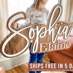 Large wood name sign, nursery name sign, boho nursery sign , above crib cut out, layered baby name sign, double baby name sign, cut out sign image 7