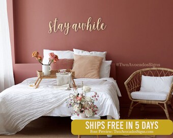 Stay awhile sign, wood wall sign, air bnb sign, Guest room sign, be our guest, phrase sign, cut out words