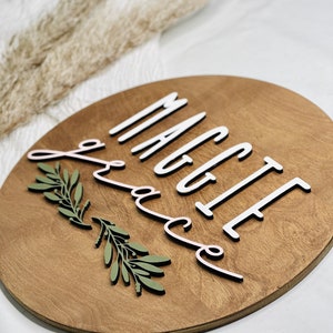 Nursery name sign, round name sign, above crib sign, greenery name sign, wood baby name sign, boy name, girl name sign, custom name sign image 9